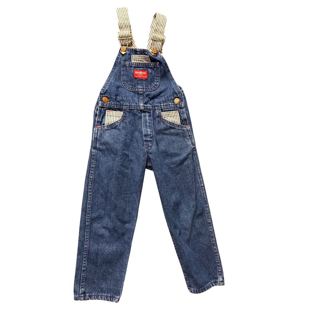 Vintage OshKosh Bgosh Kids Denim Overalls Size 4 Vestbak Hickory Stripe Blue